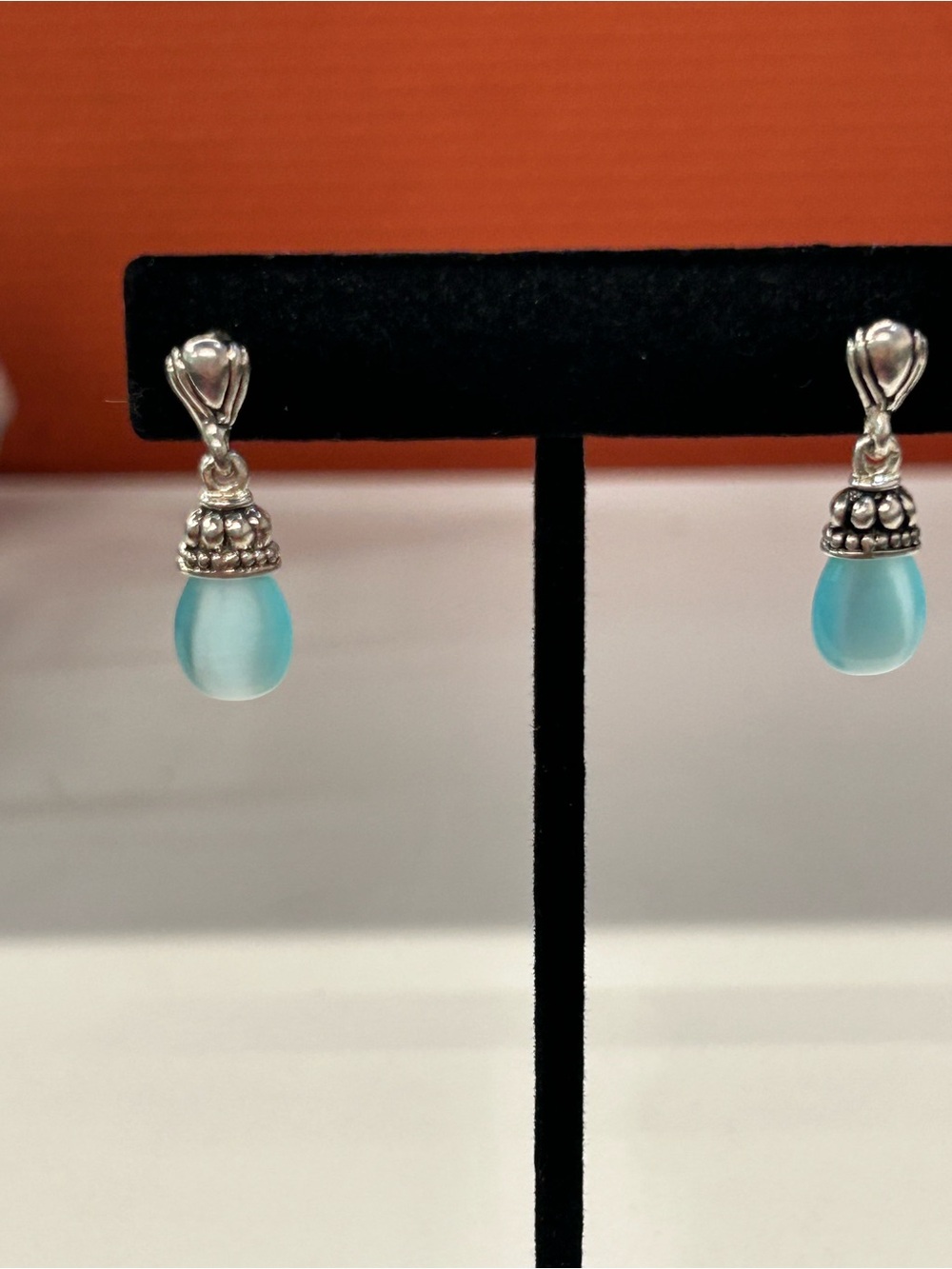 Beautiful Sterling Silver blue chalcedony  mini drop earrings